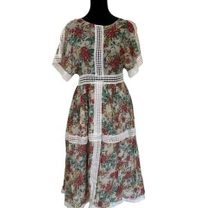 Luzabelle Womens Floral Lace Inset Midi Dress Size M Romantic Bridgerton Cottage